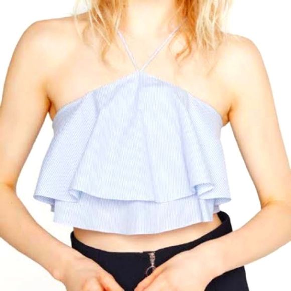 Zara Tops - Zara Woman Blue White Striped Frilled Short Crop Top Strappy Size S Cotton